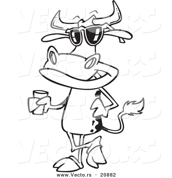 Vector of a Cartoon Cow Standing with a Glass of Milk - Coloring Page Outline