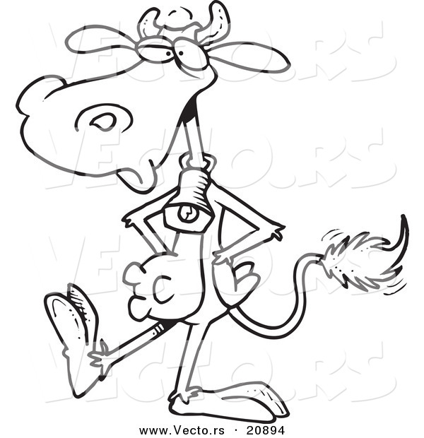 Vector of a Cartoon Cow Wearing a Bell and Walking Upright - Coloring Page Outline