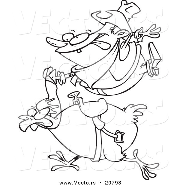 Vector of a Cartoon Cowboy Riding a Chicken - Coloring Page Outline