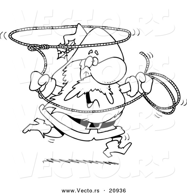 Vector of a Cartoon Cowboy Santa Swinging a Lasso - Coloring Page Outline
