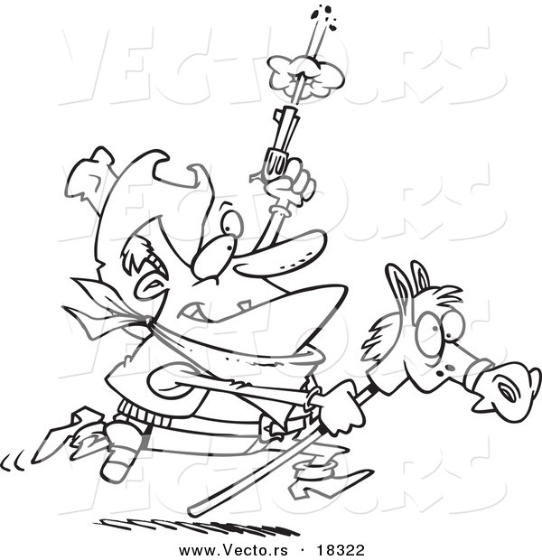 Vector of a Cartoon Cowboy Shooting a Gun and Riding a Stick Pony - Outlined Coloring Page