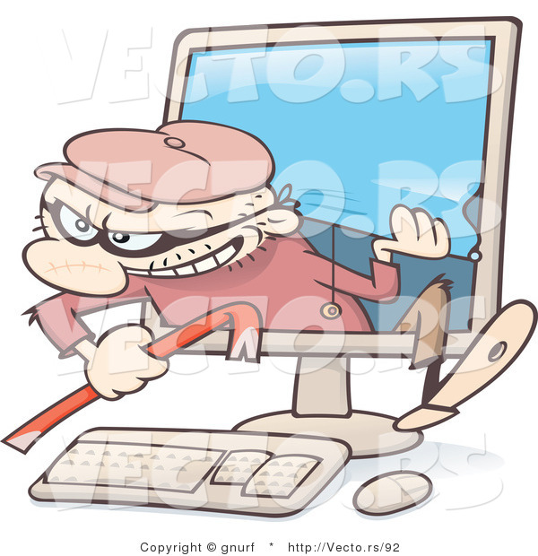 Vector of a Cartoon Criminal Climbing out of Computer Screen