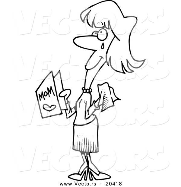 Vector of a Cartoon Crying Mom Holding a Mothers Day Card - Coloring Page Outline