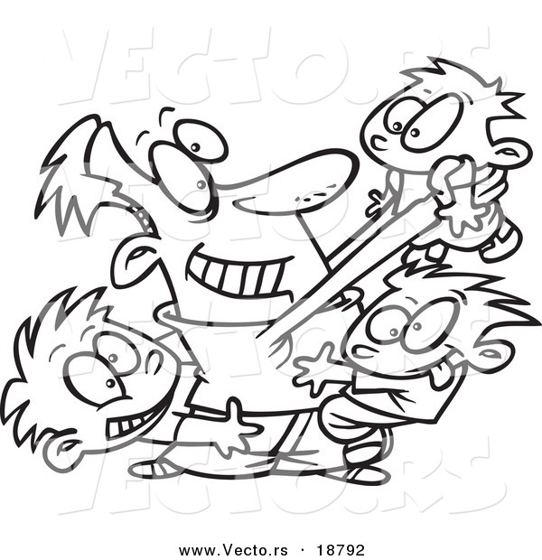 Vector of a Cartoon Dad Horse Playing with His Boys - Outlined Coloring Page