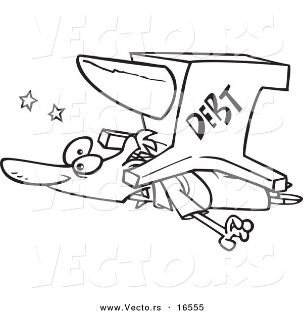 Vector of a Cartoon Debt Anvil Crushing a Man - Outlined Coloring Page Drawing