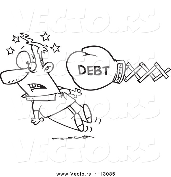 Vector of a Cartoon Debt Boxing Glove Knocking out a Man - Outlined Coloring Page