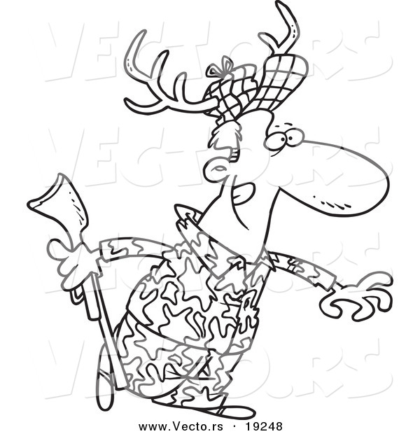 Vector of a Cartoon Deer Hunter Wearing Antlers - Outlined Coloring Page