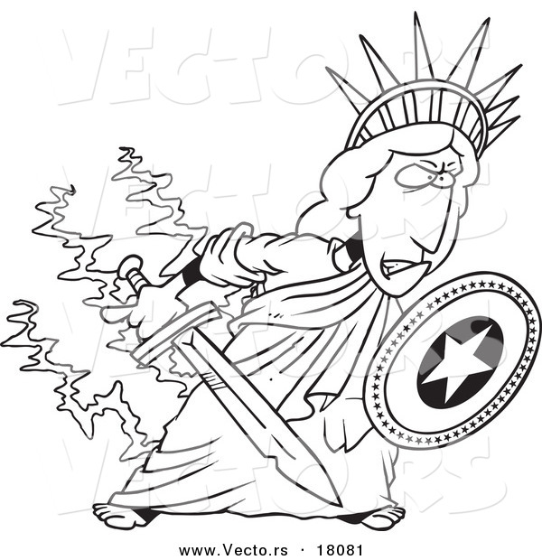 Vector of a Cartoon Defensive Statue of Liberty Holding a Shield and Sword - Outlined Coloring Page