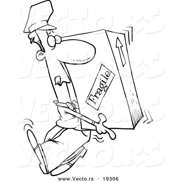 Vector of a Cartoon Delivery Man Carrying a Heavy Box - Outlined Coloring Page