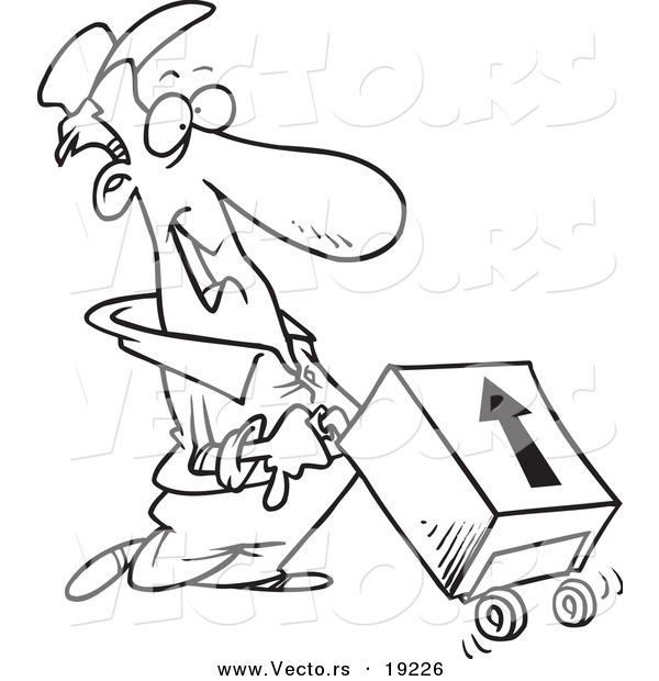 Vector of a Cartoon Delivery Man with a Package on a Dolly - Outlined Coloring Page