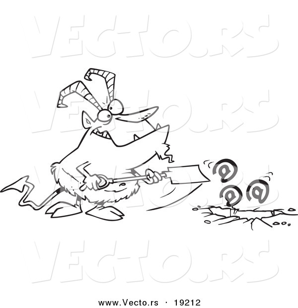 Vector of a Cartoon Demon Shoving Email down a Hole - Outlined Coloring Page