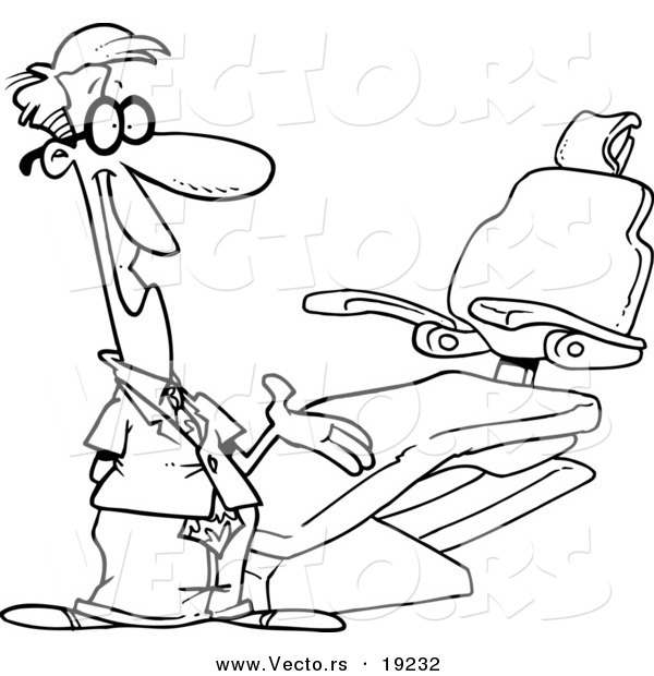 Vector of a Cartoon Dentist Gesturing to a Chair - Outlined Coloring Page