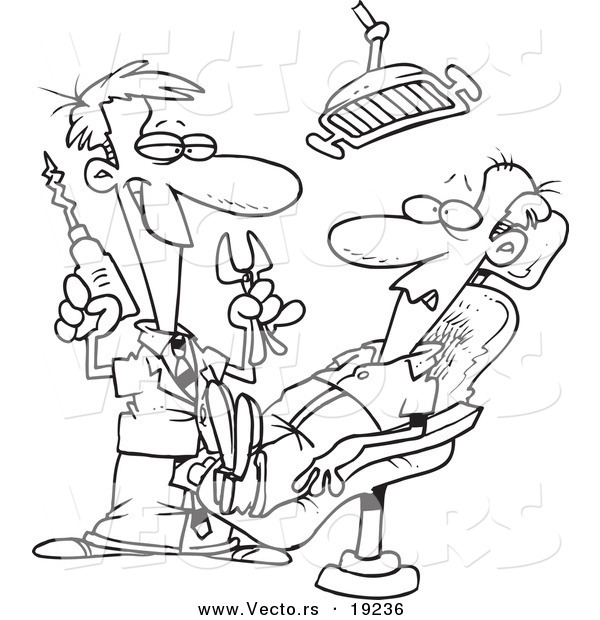 Vector of a Cartoon Dentist Holding Pliers and a Drill over a Patient - Outlined Coloring Page