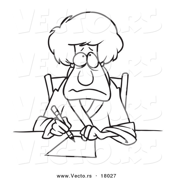 Vector of a Cartoon Depressed Woman Writing a Letter - Outlined Coloring Page