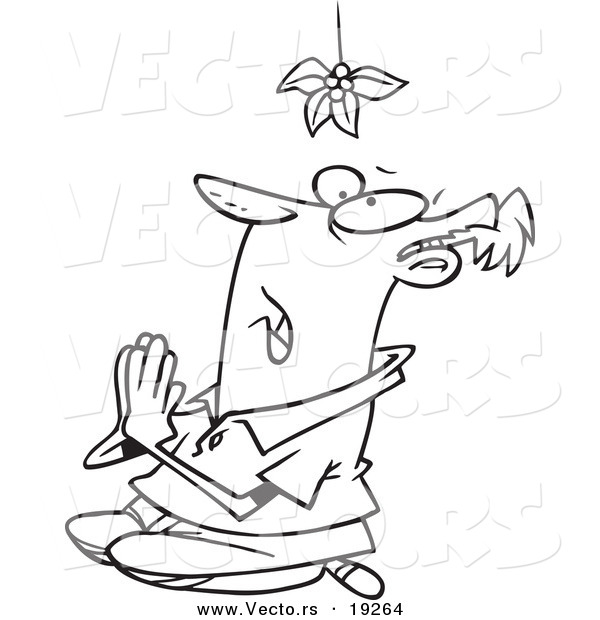 Vector of a Cartoon Desperate Man Praying Under Mistletoe - Outlined Coloring Page