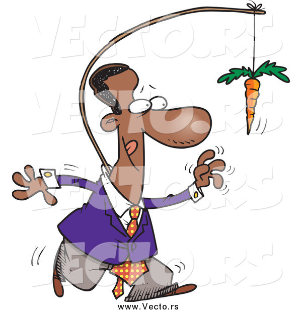 Vector of a Cartoon Determined Black Businessman Chasing After a Carrot on a Stick