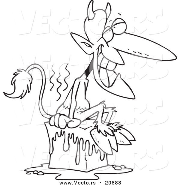 Vector of a Cartoon Devil Cooling off on a Block of Ice - Coloring Page Outline