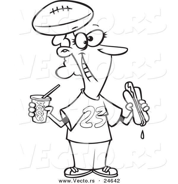 Vector of a Cartoon Diehard Football Fan Woman with Fast Food - Outlined Coloring Page