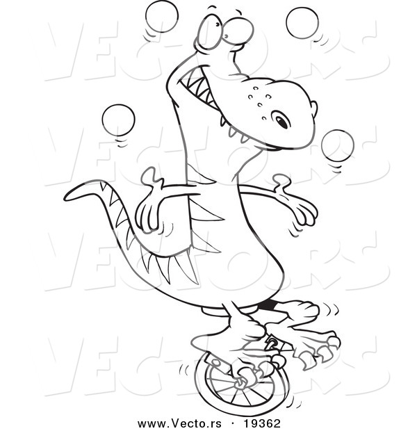 Vector of a Cartoon Dinosaur Juggling on a Unicycle - Outlined Coloring Page