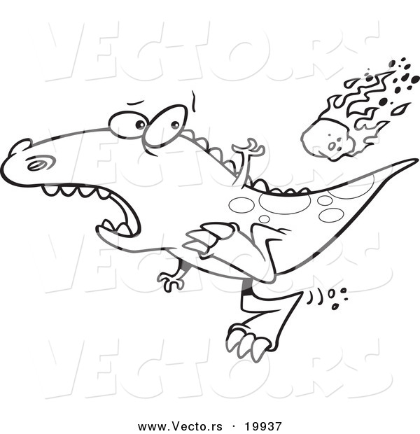 Vector of a Cartoon Dinosaur Running from a Falling Meteor - Outlined Coloring Page
