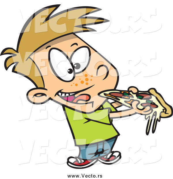 Vector of a Cartoon Dirty Blond White Boy Eating Pizza