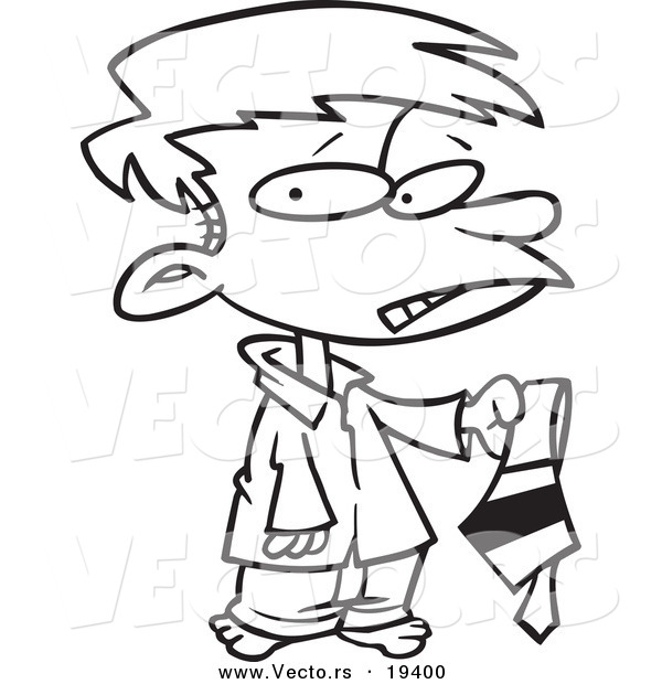 Vector of a Cartoon Disappointed Boy Holding a Tie - Outlined Coloring Page