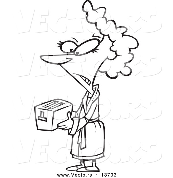Vector of a Cartoon Disappointed Woman Holding a Toaster Given to Her As a Gift - Coloring Page Outline