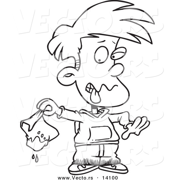 Vector of a Cartoon Disgusted Boy Holding a Muddy Lunch Bag - Coloring Page Outline