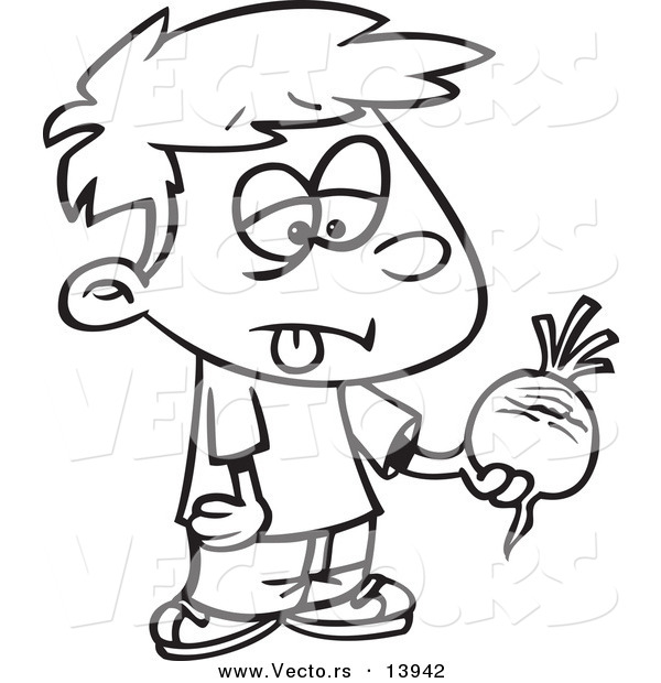 Vector of a Cartoon Disgusted Boy Holding a Turnip - Coloring Page Outline