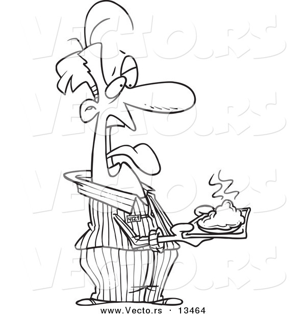 Vector of a Cartoon Disgusted Male Prisoner Holding a Plate of Food - Coloring Page Outline