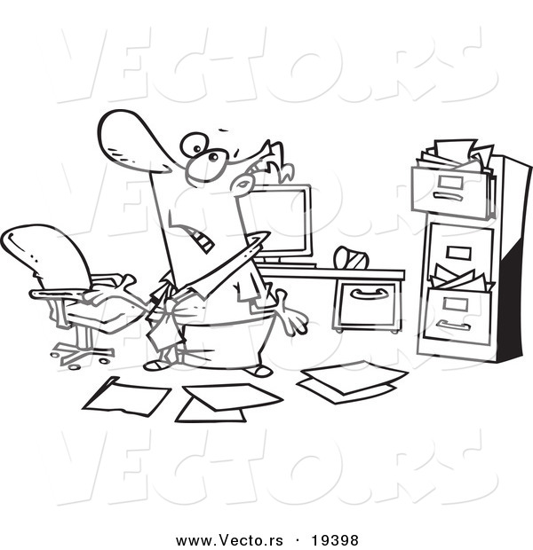 Vector of a Cartoon Disorganized Businessman in a Messy Office - Outlined Coloring Page
