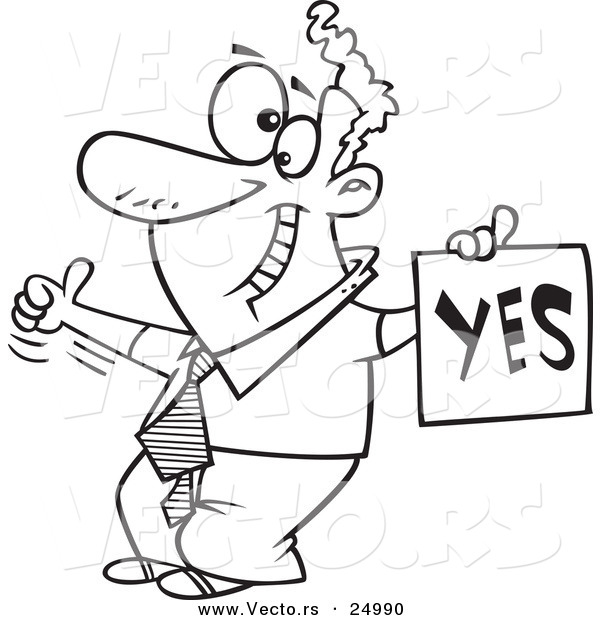 Vector of a Cartoon Displeased Man with a Thumb up Holding a YES Sign - Outlined Coloring Page