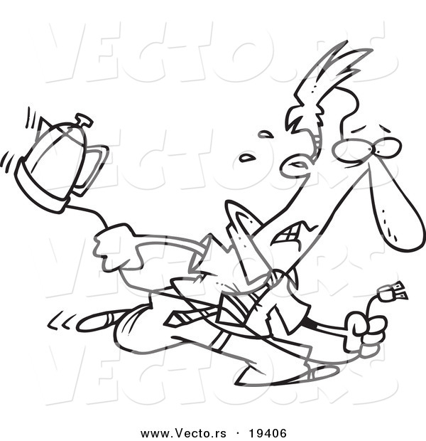 Vector of a Cartoon Distressed Businessman Running with a Coffee Pot - Outlined Coloring Page