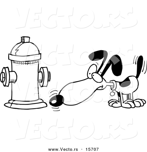Vector of a Cartoon Dog Anticipating Relieving Himself on a Hydrant - Coloring Page Outline