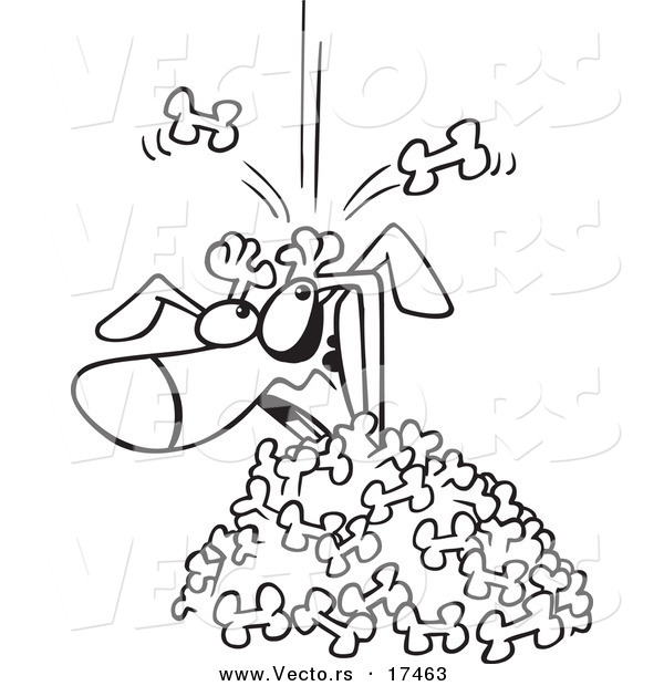 Vector of a Cartoon Dog Being Buried in a Bone Landslide - Coloring Page Outline
