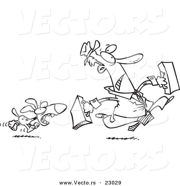 Vector of a Cartoon Dog Chasing a Salesman - Coloring Page Outline
