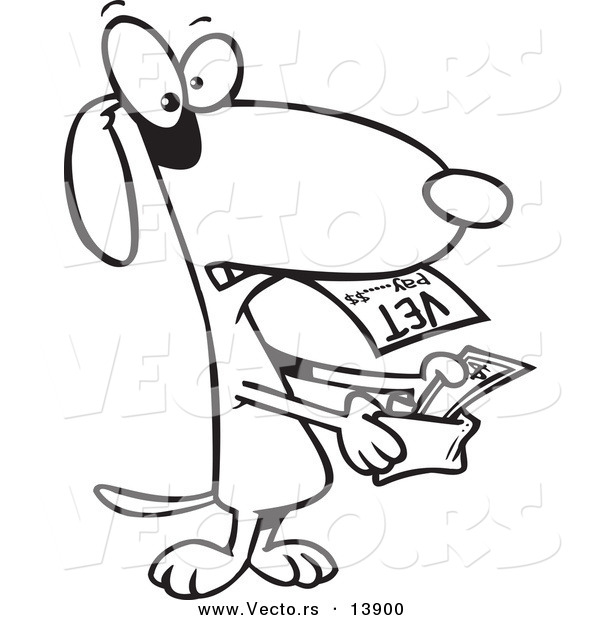 Vector of a Cartoon Dog Pulling Cash out of His Wallet to Pay a Vet Bill - Coloring Page Outline