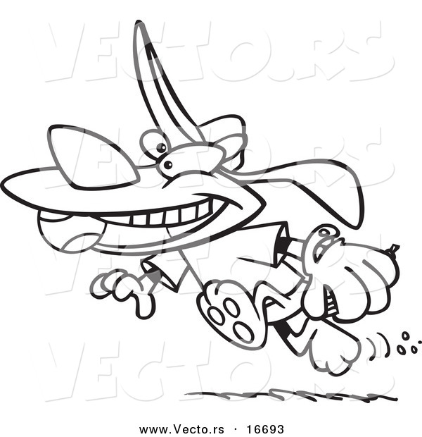 Vector of a Cartoon Dog Running with a Baseball in His Mouth - Outlined Coloring Page Drawing