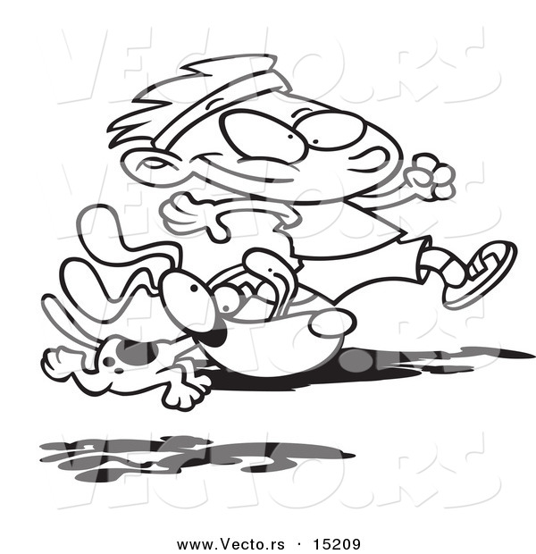 Vector of a Cartoon Dog Running with a Boy - Coloring Page Outline