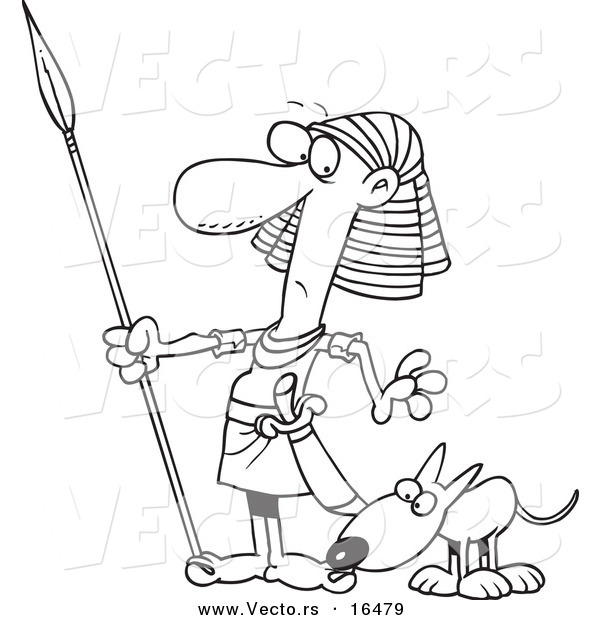 Vector of a Cartoon Dog Sniffing an Egyptian Guard's Foot, - Outlined Coloring Page Drawing
