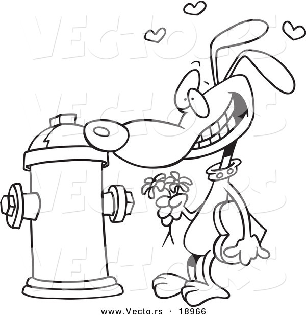 Vector of a Cartoon Dog Trying to Court a Fire Hydrant - Outlined Coloring Page