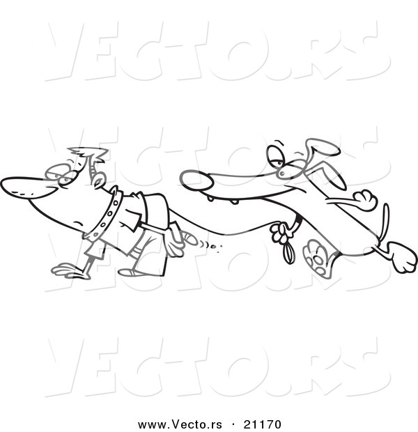 Vector of a Cartoon Dog Walking a Man on a Leash - Coloring Page Outline