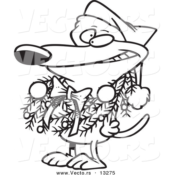 Vector of a Cartoon Dog Wearing a Christmas Wreath - Coloring Page Outline