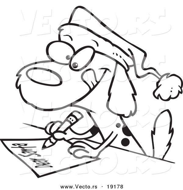 Vector of a Cartoon Dog Writing a Letter to Santa - Outlined Coloring Page