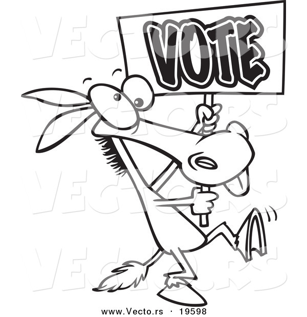 Vector of a Cartoon Donkey Carrying a Vote Sign - Outlined Coloring Page