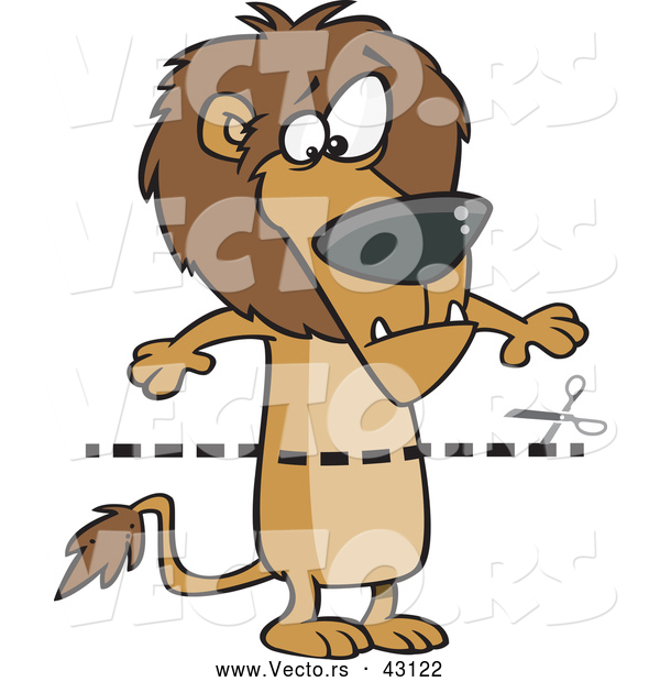 Vector of a Cartoon Dotted Line with Scissors over a Confused Lion