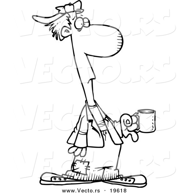 Vector of a Cartoon down and out Man Holding a Cup - Outlined Coloring Page