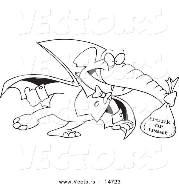 Vector of a Cartoon Dracula Elephant Trunk or Treating on Halloween - Coloring Page Outline
