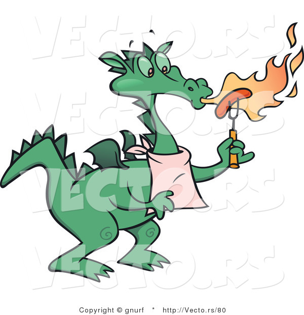 Vector of a Cartoon Dragon Cooking Hot Dog with Flames and Fire Breathing from His Mouth