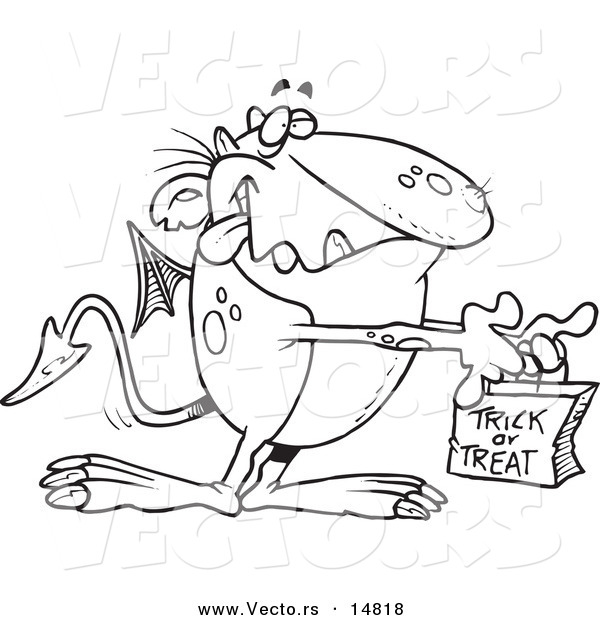 Vector of a Cartoon Dragon Trick or Treating on Halloween - Coloring Page Outline